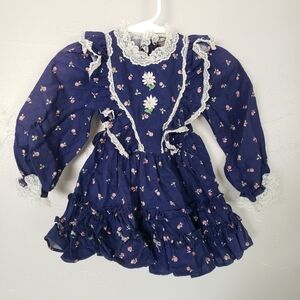 Vintage Toddler Girl 2 Navy Blue Long Sleeve Dress White Lace Dainty Floral